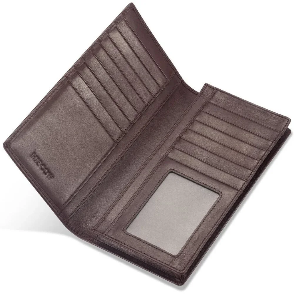Men's Dark Coffee Full Grain Leather Long Bifold Wallet Credit Card Slots Style